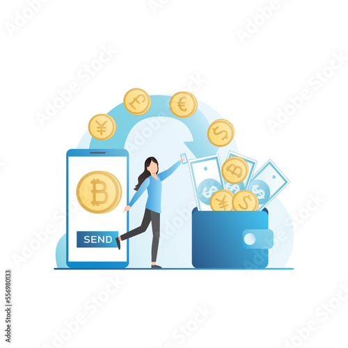 Woman in smartphone sends, withdraws money of various currencies into large wallet with gold coins, cash on Internet. Girl translates finances in online application, website.