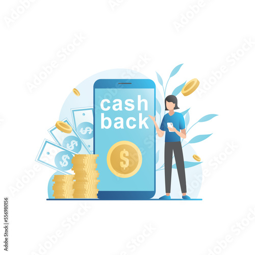 Vector girl, woman has application in her smartphone, website with cashback. Return of electronic money, gold stacks of coins to balance, account. Bonus program on Internet. Online discounts. Payment.