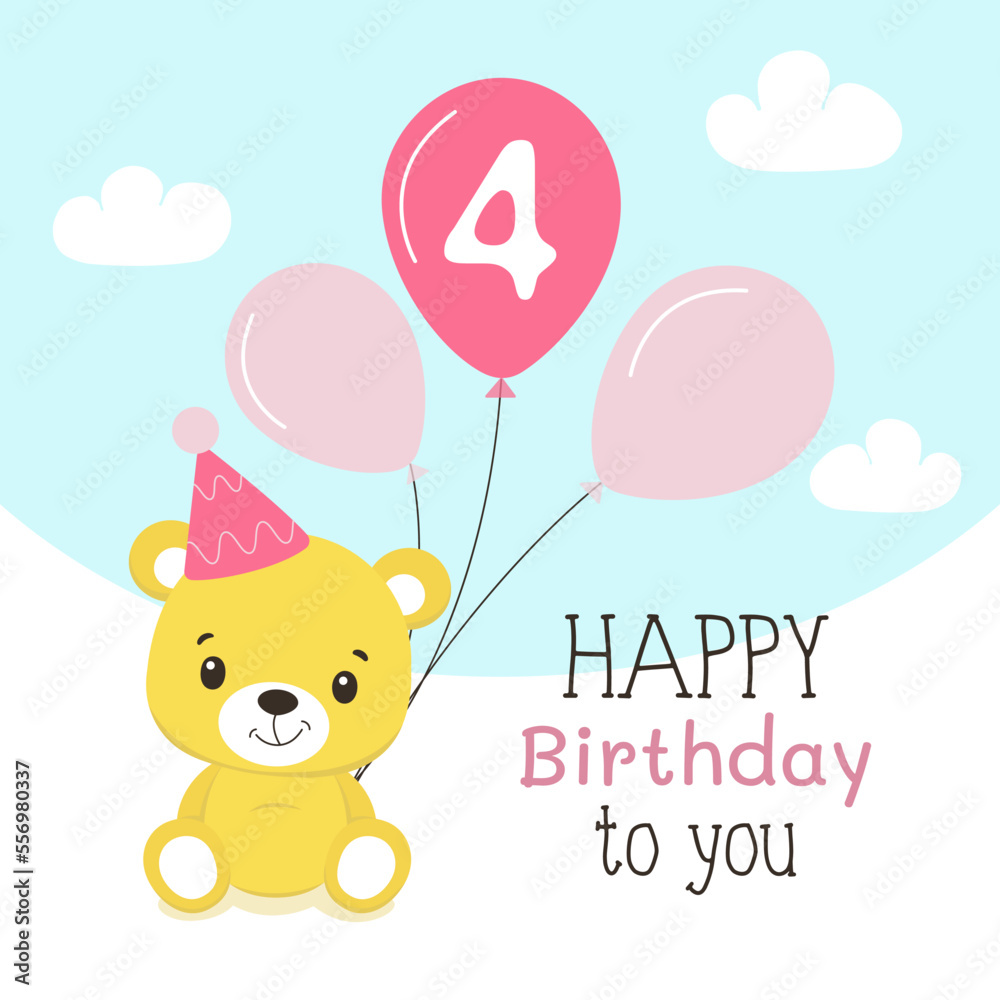 Cute greeting card with bear. Children's  Happy birthday 4 years old.