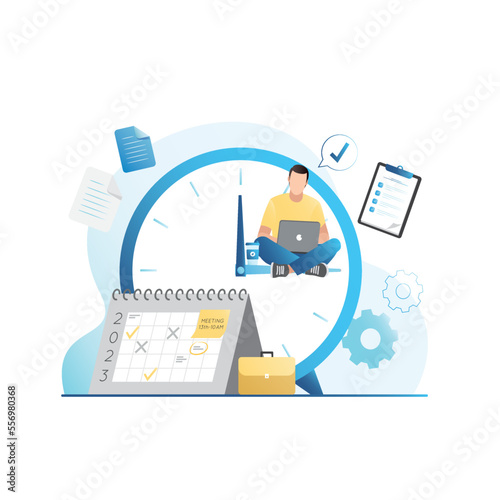 Man sits with laptop on large clock, works with documents, does according to schedule, calendar. Guy manages everything on time. Planning, organization, time management.