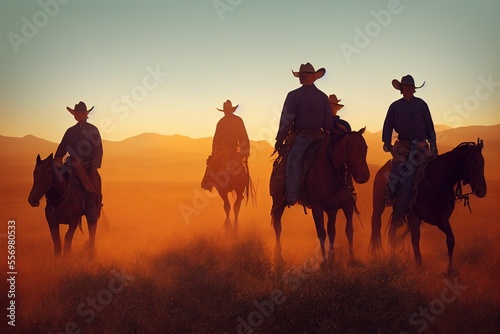 Silhouette of Cowboys at Sunset  Generative AI 