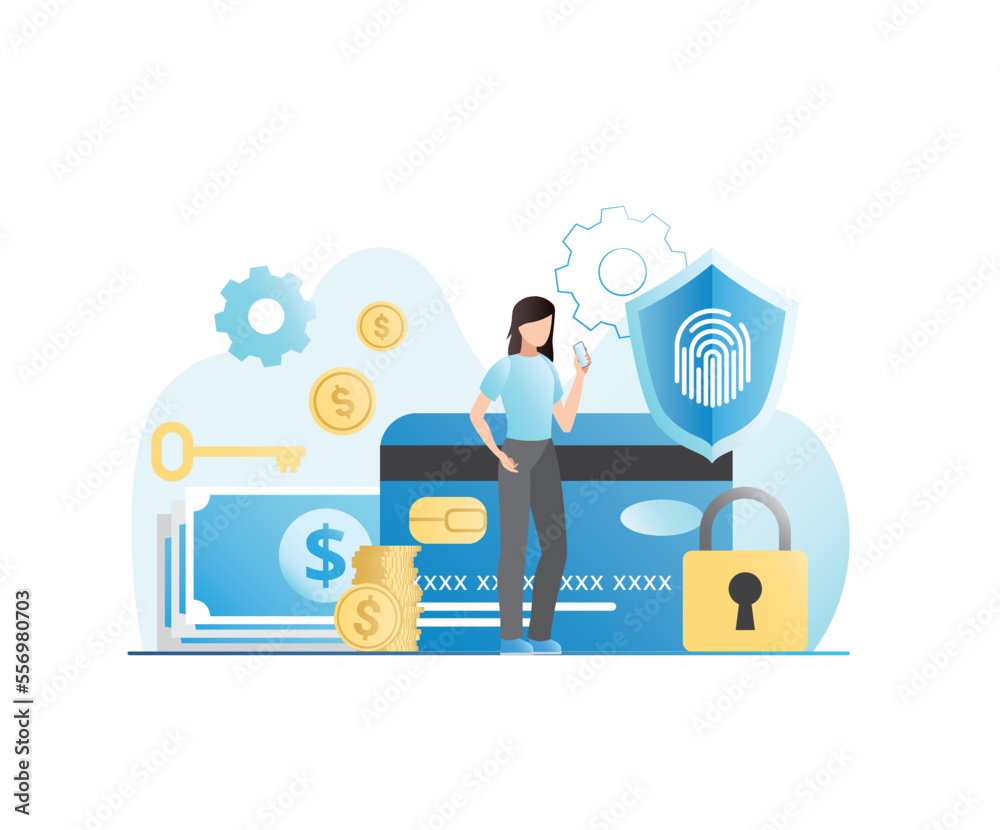 Protect banking data of debit, credit cards, finance, cash, stacks of gold coins, money on internet with padlock, shield, fingerprint. Woman with online banking app. Access key to log into account.