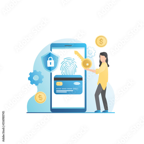 Woman in smartphone with access key, fingerprint is authorized in bank account. Girl pays contactlessly with debit, credit card, gold coins, cash on Internet. Electronic money with shield, padlock.