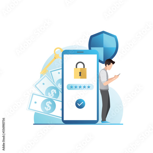 Man in smartphone enters access key, password, code for authorization, entering bank account. Successful transaction, transfer of finance cash, money online with shield, key, padlock. Data protection.
