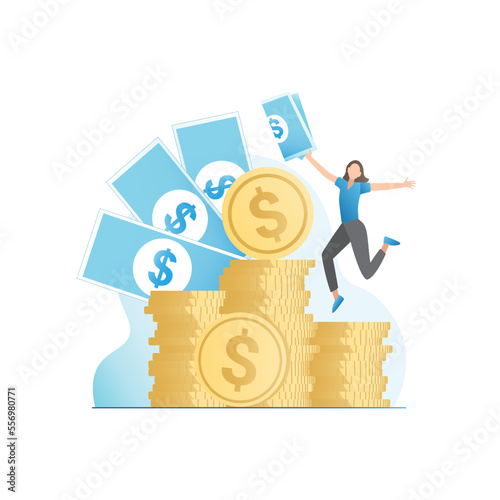 Successful, happy, rich girl with bill in hands jumps against background of stacks of gold coins, money, cash, wealth. Woman with finance, savings, salary, earnings, winnings. Millionaire in business.