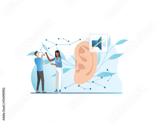 People with disabilities communicate in sign language against background of large ear, speaker icon is crossed out. World day of deaf and dumb. Communication culture of deaf, hard of hearing people. photo
