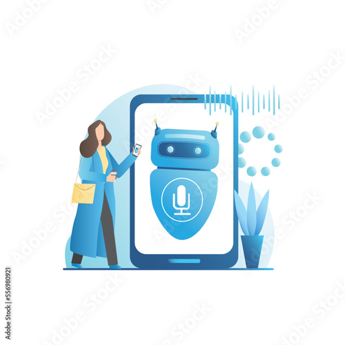 Vector girl with smartphone talks to smart, virtual, voice assistant robot with microphone on Internet. App with speech recognition for controlling mobile phone, executing commands. Sound wave.