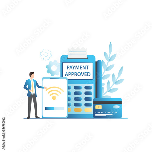 Man shows contactless payment with credit, debit card on Internet. Cashless payments with smartphone with nfc system in pos terminal, system that issues check on Wi-Fi. Successful banking transaction.