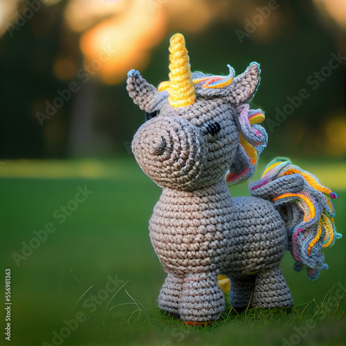 a crochet unicorn in the garden