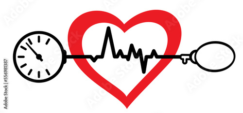Cartoon blood pressure monitor, Medical tonometer. Pressure blood high or low, medical device. Measure the patient's blood pressure. Control healthcare concept. Heart check. ECG heartbeat line pulse.