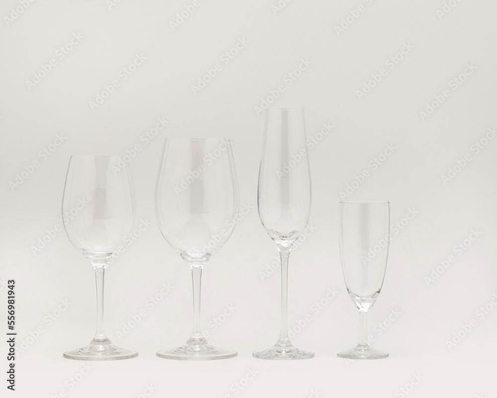 Empty drink glasses and champagne flute.Glasses collection