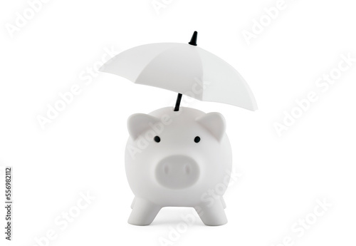 Financial insurance. White piggy bank with umbrella isolated on white background with clipping path
