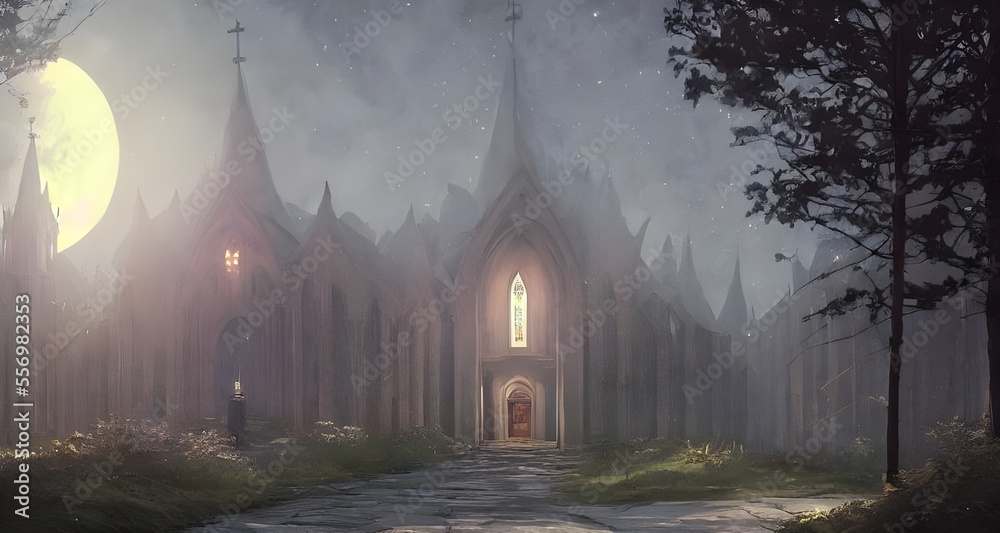 霧の中で林に佇む月に照らされた教会_31
