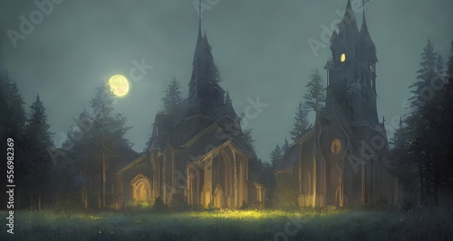 霧の中で林に佇む月に照らされた教会_27