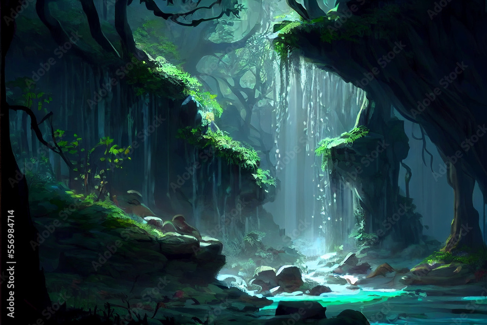 magical fantasy forest with river or lake , background, Generative AI