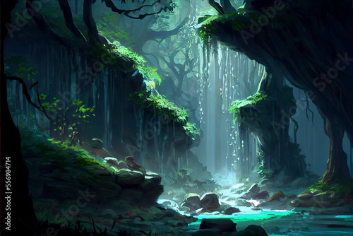magical fantasy forest with river or lake , background, Generative AI © Coka