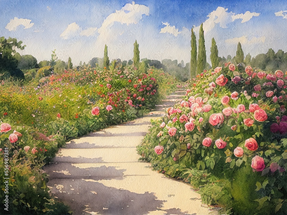 植物園のバラと小道、水彩画