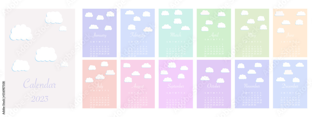 Calendar for 2023. In the style of minimalism. With white clouds on a multicolored background. The week starts on Sunday.