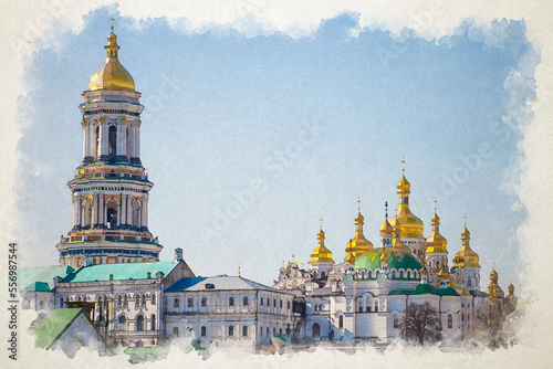 Kyiv attraction. Ukrainian church. Ukraine panorama illustration. Kiev-Pechersk Lavra. Watercolor drawing for a postcard. Old historical architecture building. Monastery of the Caves. photo