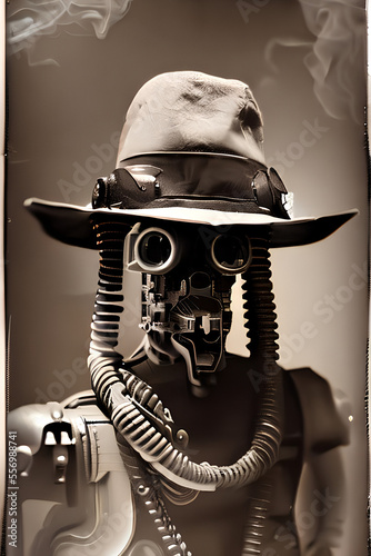 collodion wet plate portrait illustration of a robot during wild west time, generative ai photo