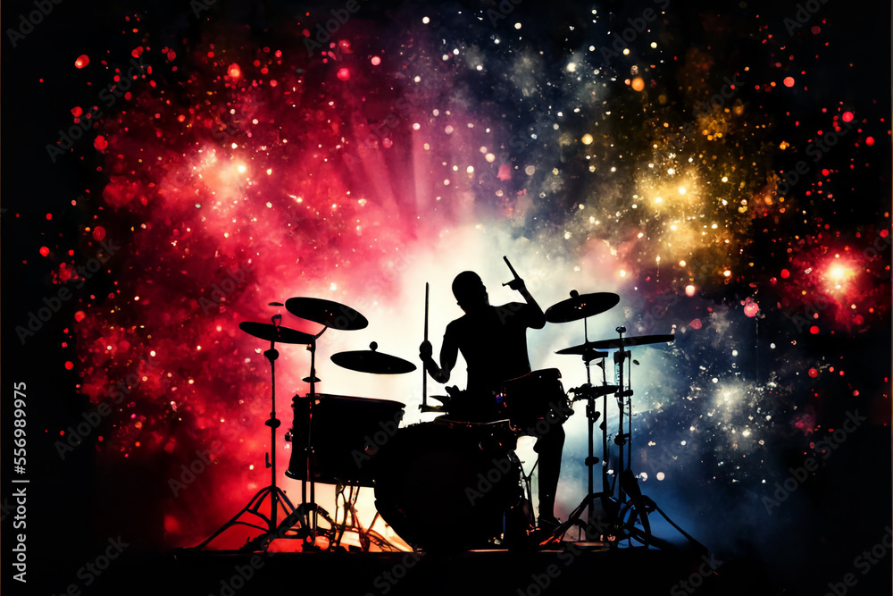 Drummer playing drums against a bright colorful backdrop. AI generated