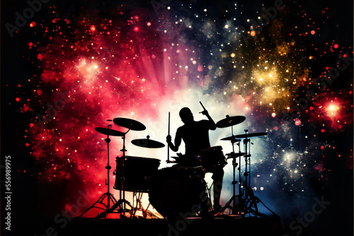 Drummer playing drums against a bright colorful backdrop. AI generated