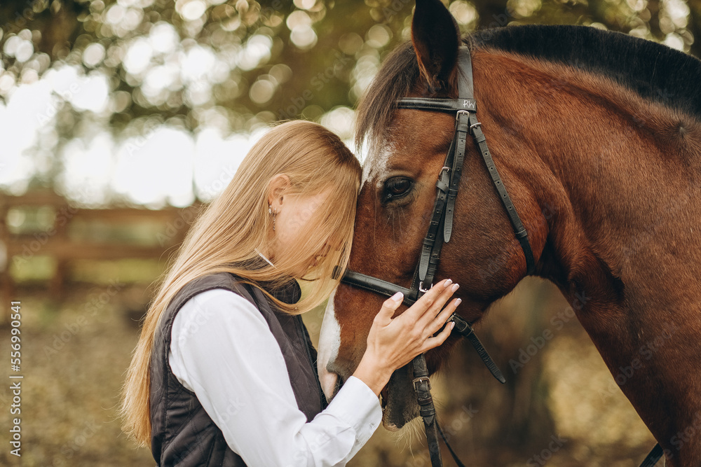 Ταπετσαρία A young female equestrian stands near her horse and prepares for a competition