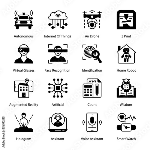 Robotic Arm, Exoskeleton, Device, Artificial Intelligence, Smart Clothes, Solar Panel, Energy Efficiency, Smart Light Bulb, Smart House, Smart City, Code Search,  Glyph Icons - Solid, Vectors