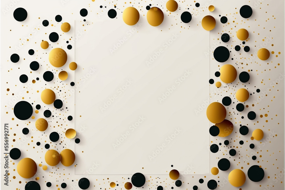 Fototapeta premium Gold shiny confetti and gold balloons on white background, middle has open space for your message copy, Celebration and party invitation concept