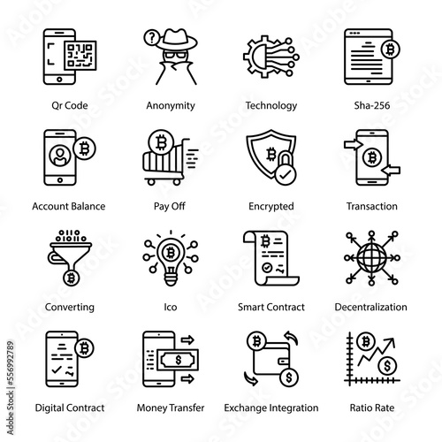 Centralization, Stocks, Proptech, Crypto Flow, Ripple Calculator, Distributed Ledger, Monitoring, White Paper, Bitcoin Calculator, Hash Function,  Outline Icons - Stroked, Vectors