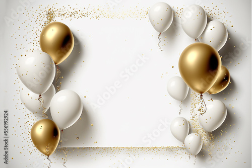 Fotografie, Tablou Gold shiny confetti and gold balloons on white background, middle has open space