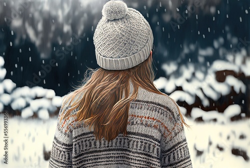illustration of a girl wearing winter clothes, wool cap, sweater, coat , standing outside during snowfall with nature landscape as background, idea for extreme weather concept photo