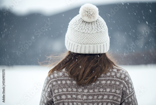illustration of a girl wearing winter clothes, wool cap, sweater, coat , standing outside during snowfall with nature landscape as background, idea for extreme weather concept photo