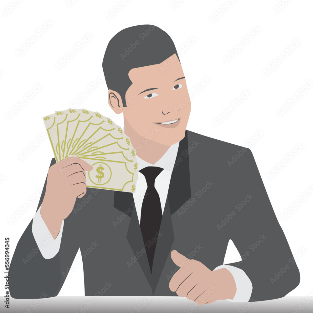 Young businessman showing cash, money on table, Male character design illustration. Human emotions and expressions concept in vector Young businessman showing cash, money on table, Male character design illustration. Human emotions and expressions concept in vector