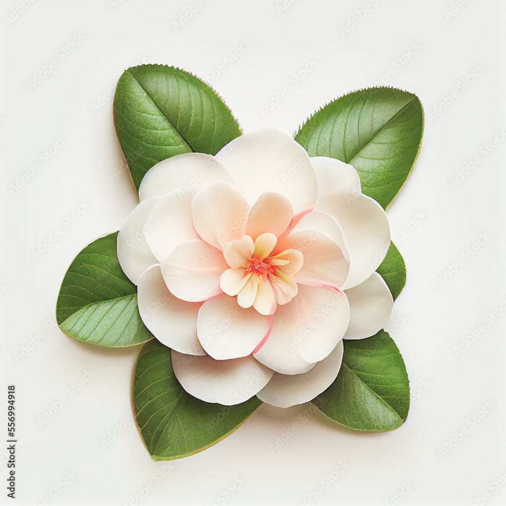 Naklejka premium Camellia flower in a top view, isolated on a white background, suitable for use on Valentine's Day cards.
