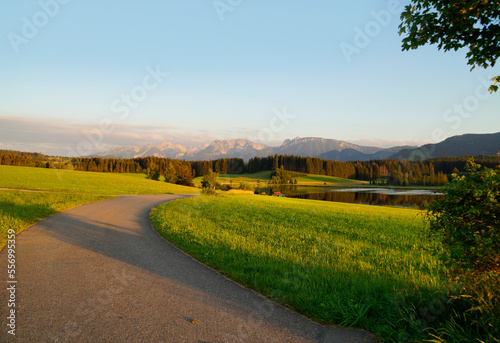 Fototapeta Naklejka Na Ścianę i Meble -  hiking trail overlooking scenic alpine lake Attlesee and the lush alpine valley with its endless green alpine meadows in the Bavarian Alps in Nesselwang, Allgaeu or Allgau, Bavaria, Germany