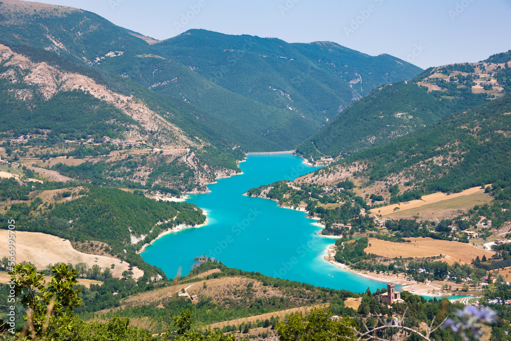 Beautiful Fiastra lake in Italy seen from above