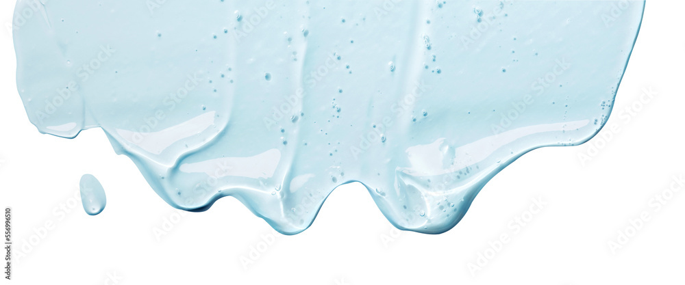 Liquid blue  gel  flowing down on transparent background. Smear of transparent cosmetic moisturizing product - obrazy, fototapety, plakaty 