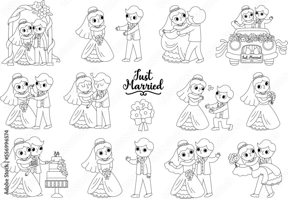 Vector black and white set with bride and groom. Cute line just married couple. Wedding ceremony coloring page. Cartoon marriage scenes with rings, cake, honeymoon car, arch, kissing. Vector black and white set with bride and groom. Cute line just married couple. Wedding ceremony coloring page. Cartoon marriage scenes with rings, cake, honeymoon car, arch, kissing.