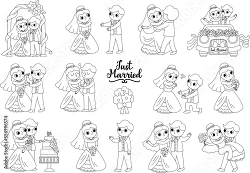 Vector black and white set with bride and groom. Cute line just married couple. Wedding ceremony coloring page. Cartoon marriage scenes with rings  cake  honeymoon car  arch  kissing.