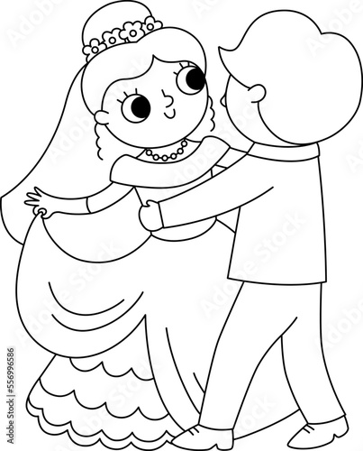 Vector black and white illustration with bride and groom. Cute just married couple. Wedding ceremony line icon. Cartoon marriage coloring page with newly married couple dancing their first dance.