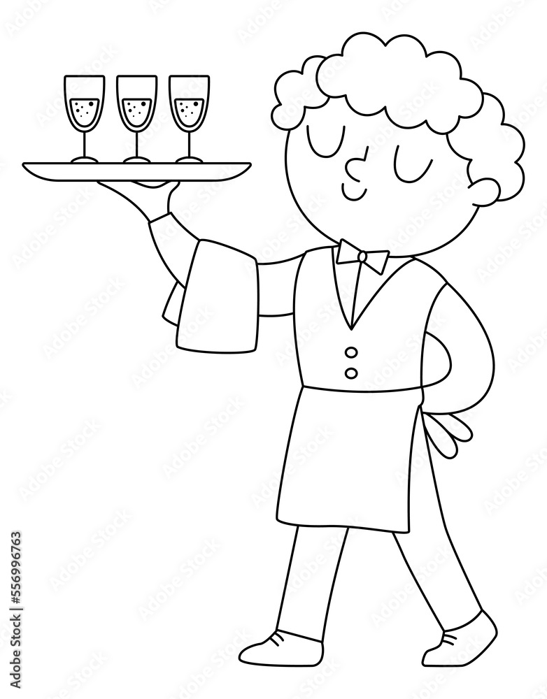 Vector black and white waiter illustration. Cute outline man in uniform serving sparkling drinks on a tray with towel. Wedding ceremony service boy line icon. Restaurant worker coloring page.