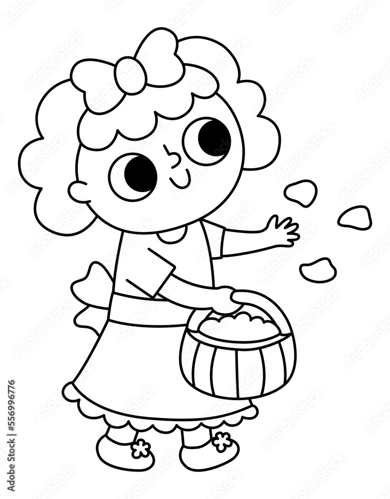 Obraz premium Vector black and white little bridesmaid illustration. Cute outline girl in dress throwing flower petals. Wedding ceremony kid line icon. Cartoon marriage guest. Elegant baby coloring page.