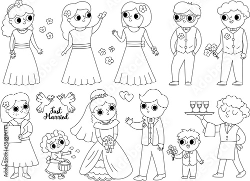 Vector black and white set with bride, groom and their guests. Cute just married couple with bridesmaids, bridegrooms, children, waiter, registrar. Wedding ceremony coloring page.
