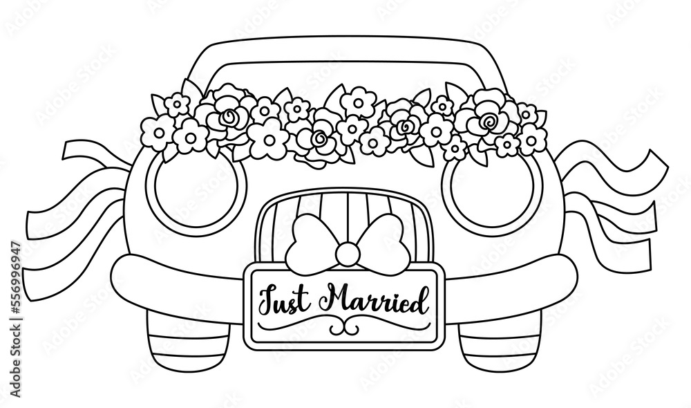 Vector black and white wedding car decorated with flowers and ribbons