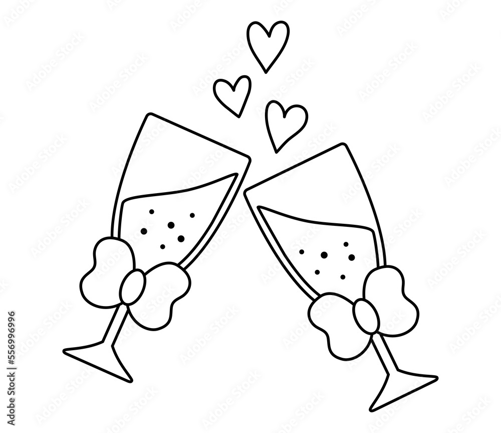 Vector black and white wedding clinking glasses with bow and sparkling