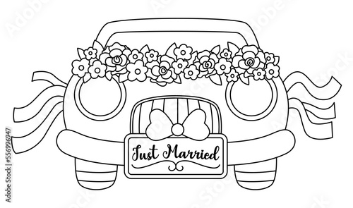 Vector black and white wedding car decorated with flowers and ribbons. Honeymoon line automobile with just married plate. Cute marriage clipart. Bride and groom transportation coloring page.