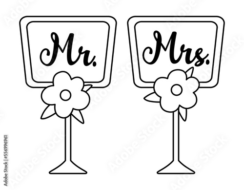 Vector black and white wedding dining table plates with Mr. and Mrs. Inscription. Cute marriage line symbol clipart element for bride and groom. Just married couple banquet decoration.