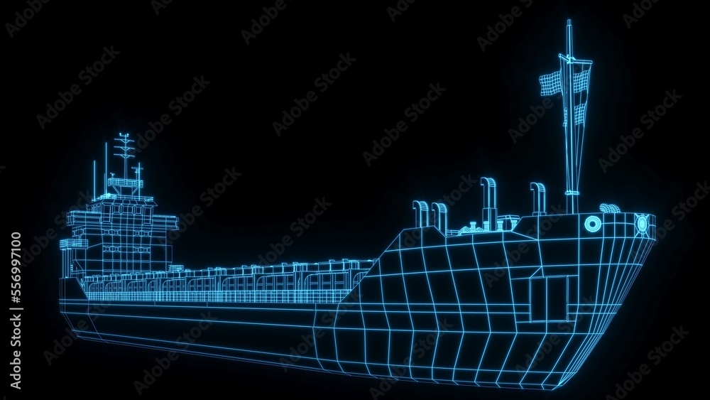 Obraz premium 3D rendering illustration ship blueprint glowing neon hologram futuristic show technology security for premium product business finance transportation 