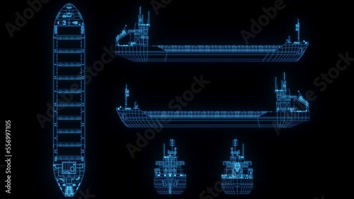 3D rendering illustration ship blueprint glowing neon hologram futuristic show technology security for premium product business finance transportation 